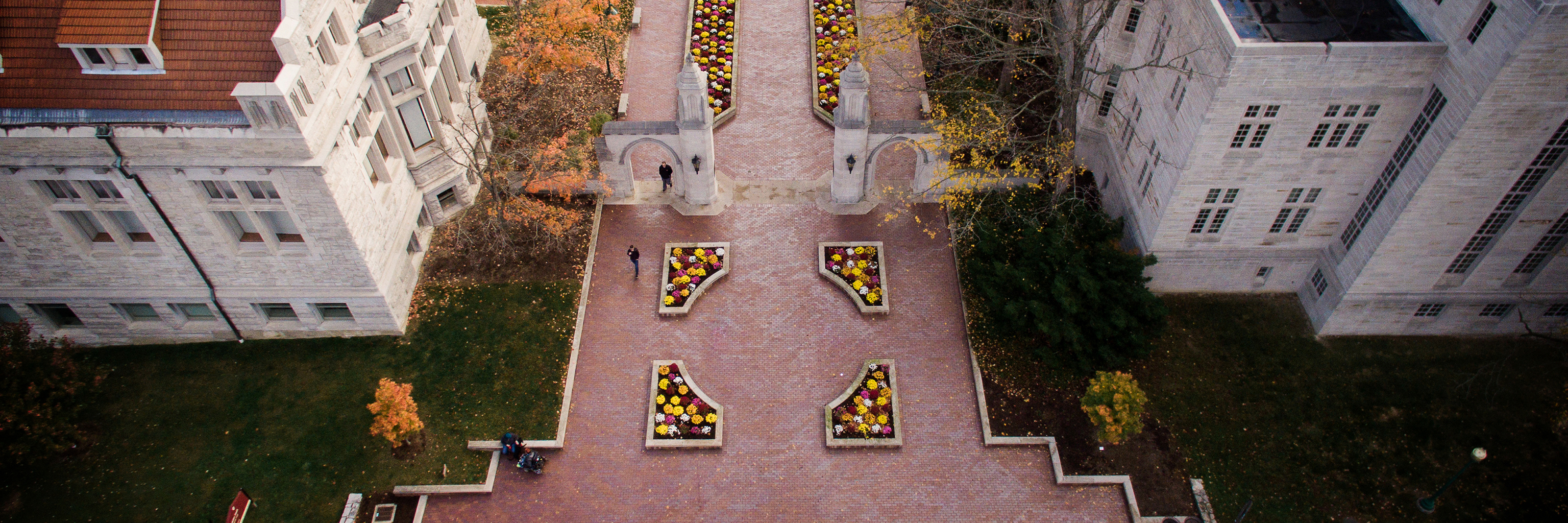 Aerial view of the Sample Gates on the Indiana University campus in Bloomington.