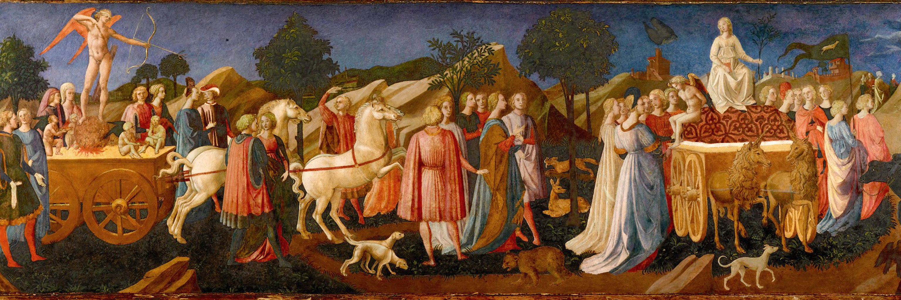 Cassone painting of Petrarch's Triumphs: Love, Chastity, and Death.
