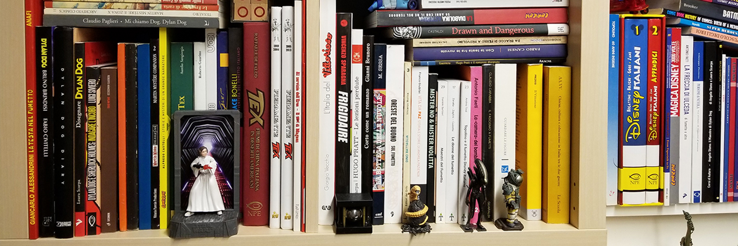 Image of a bookshelf full with books and action figures. 
