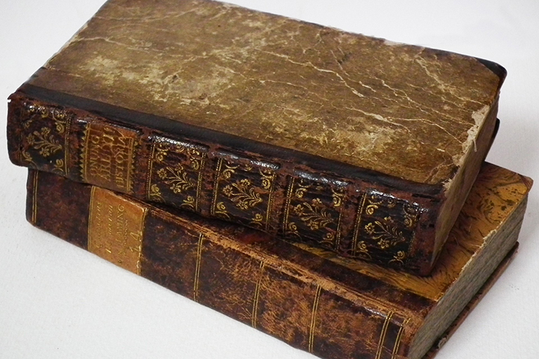 Stack of worn, antique, leather-bound books. 