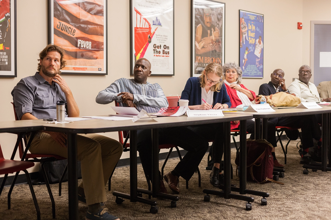 Discussion during the workshop on Paulin Vieyra, September 5-6, 2019: Associate Professor Vincent Bouchard, Stéphane Vieyra (Paulin's son), Claire Fouchereaux (MA '20, French/Francophone Studies), Catherine Ruelle, Magueye Kassé (Université Cheikh Anta Diop, Sénégal) and Sada Niang (University of Victoria, Canada).