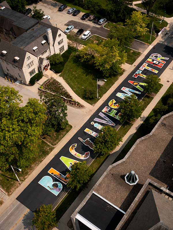 An overhead shot of a Black Lives Matter mural painted on Kirkwood Avenue in Bloomington.
