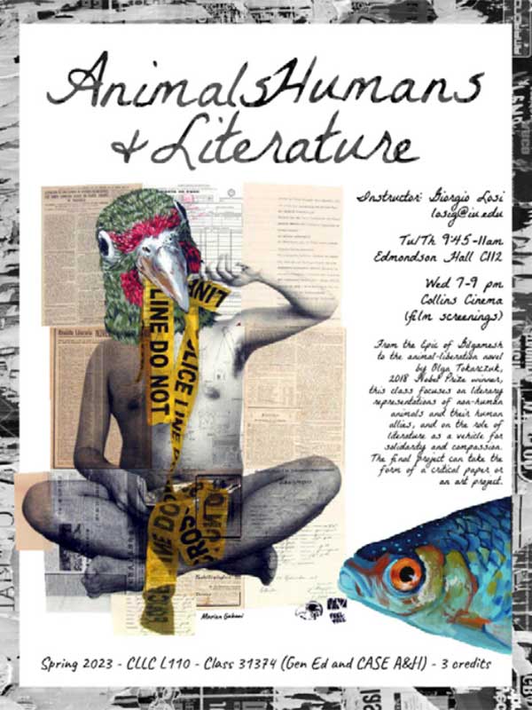 The poster for Animals, Humans, and Literature, which features a multimedia illustration of a shirtless man with a bird's head.