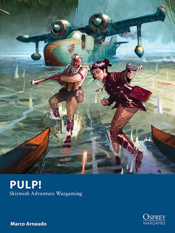 The cover of the book Pulp!, which features a sci-fi illustration of two people firing guns while jumping off a rowboat.