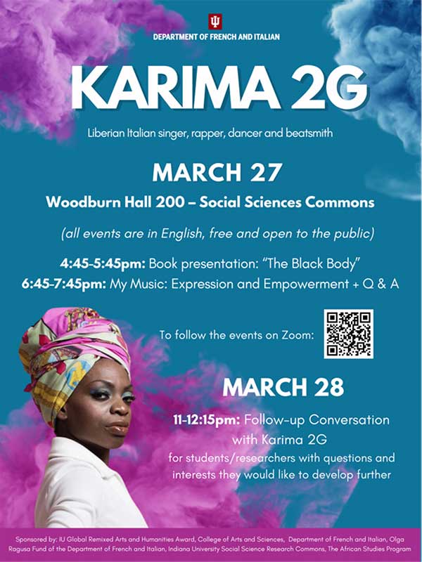 The poster for Karima 2G, which features a headshot of the artist set against a background of pink and blue plumes of smoke.