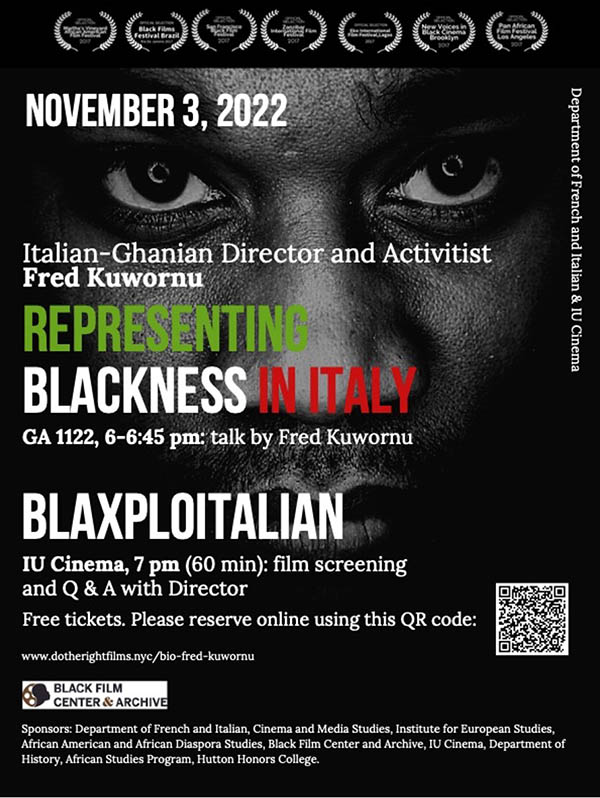 A poster for Representing Blackness in Italy, which features a close-up shot of a Black man staring straight ahead.