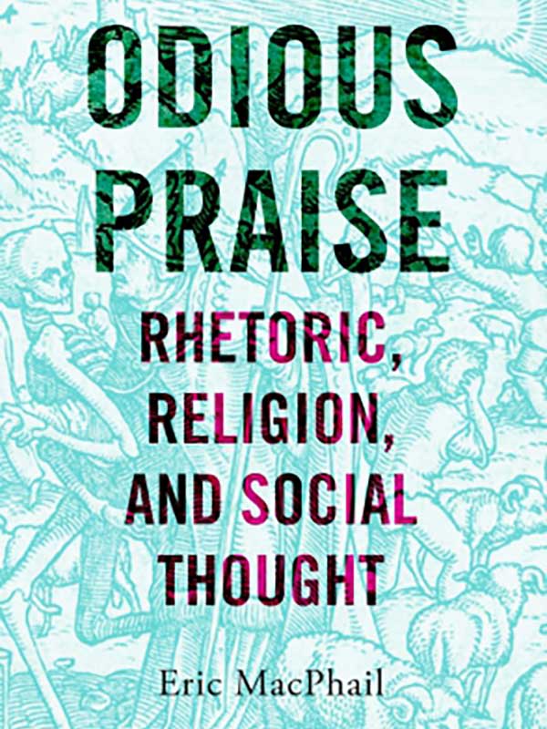 The cover of Odious Praise, which features a green-and-white portion of a medieval woodcut illustration.