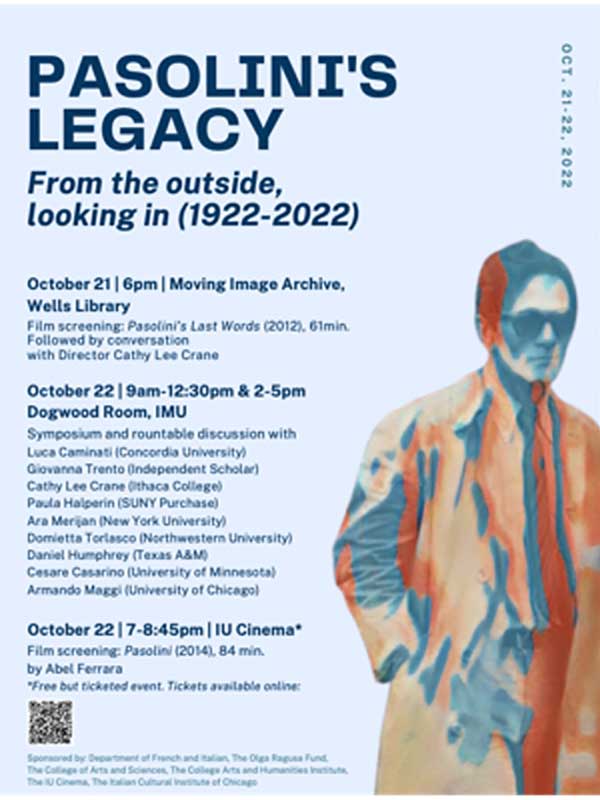 The poster for Pasolini's Legacy, which features a sepia photo of Pasolini against a light blue background.