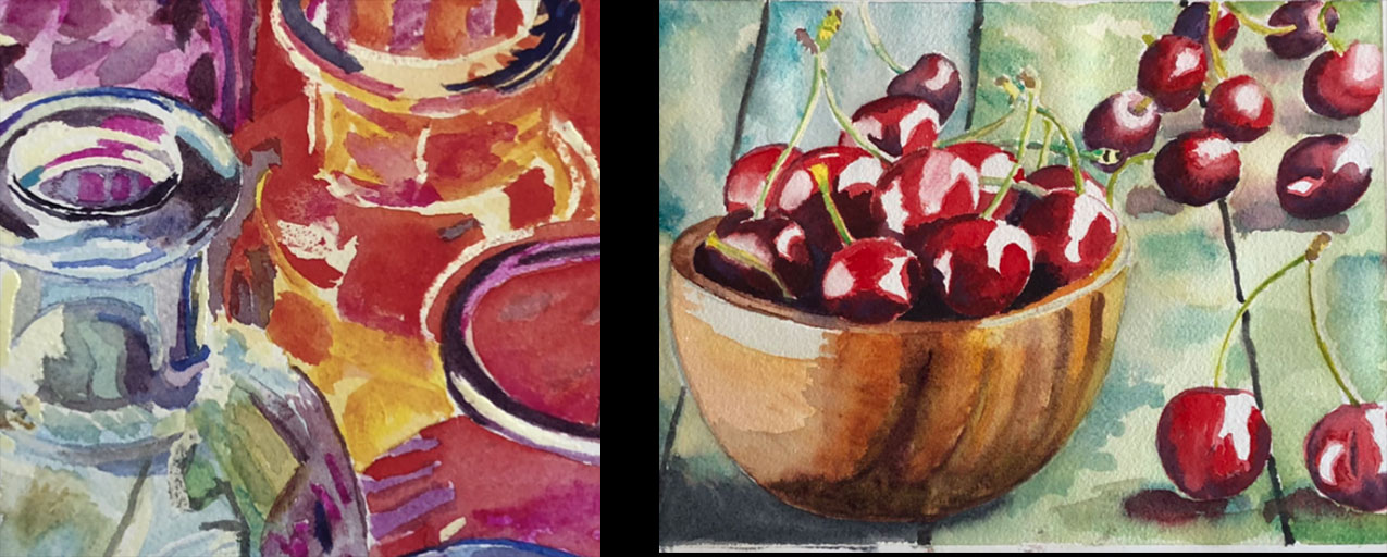 Two watercolor paintings side-by-side by Kelly Sax. One depicts glass jars and the other depicts a bowl of cherries.