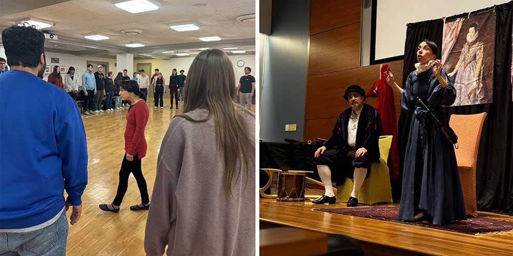 Split image showing a dance or movement workshop on the left and a theatrical performance with two actors in period costume on the right.